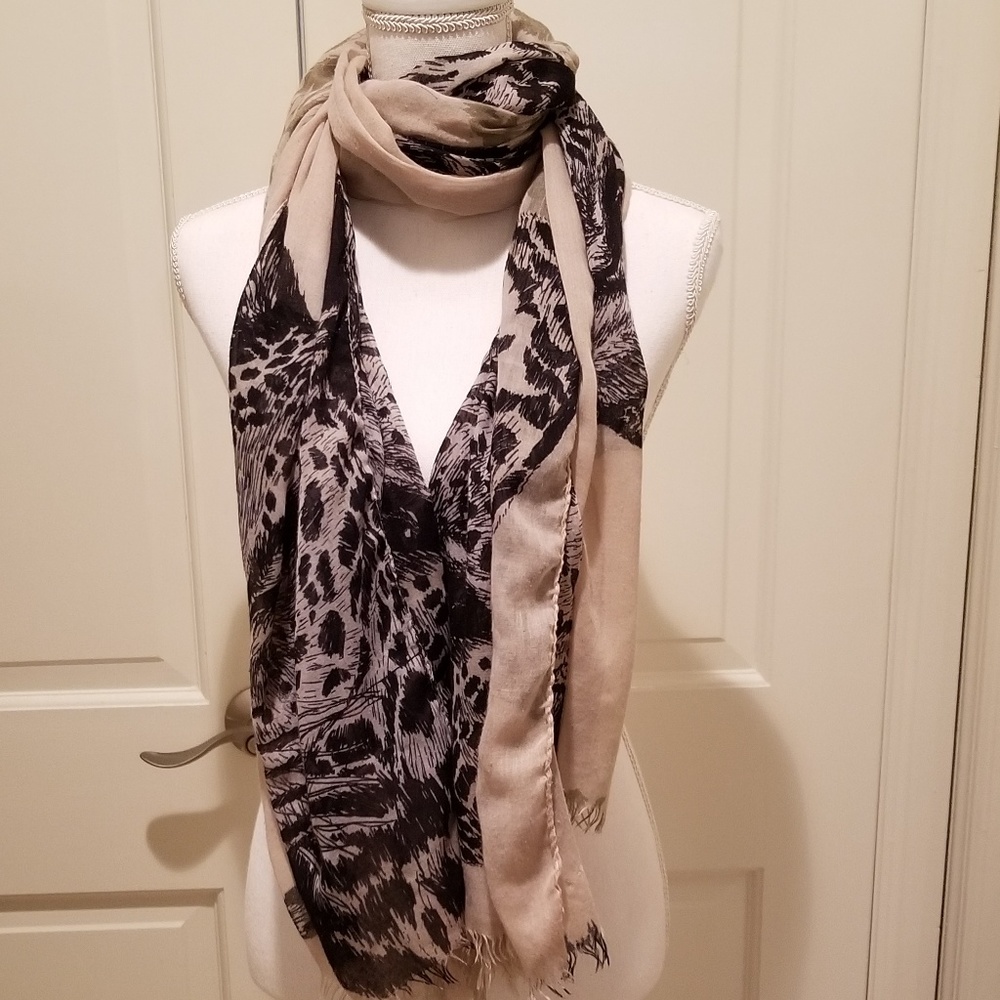 Lightweight Tan Scarf Black Animal Print Fringe